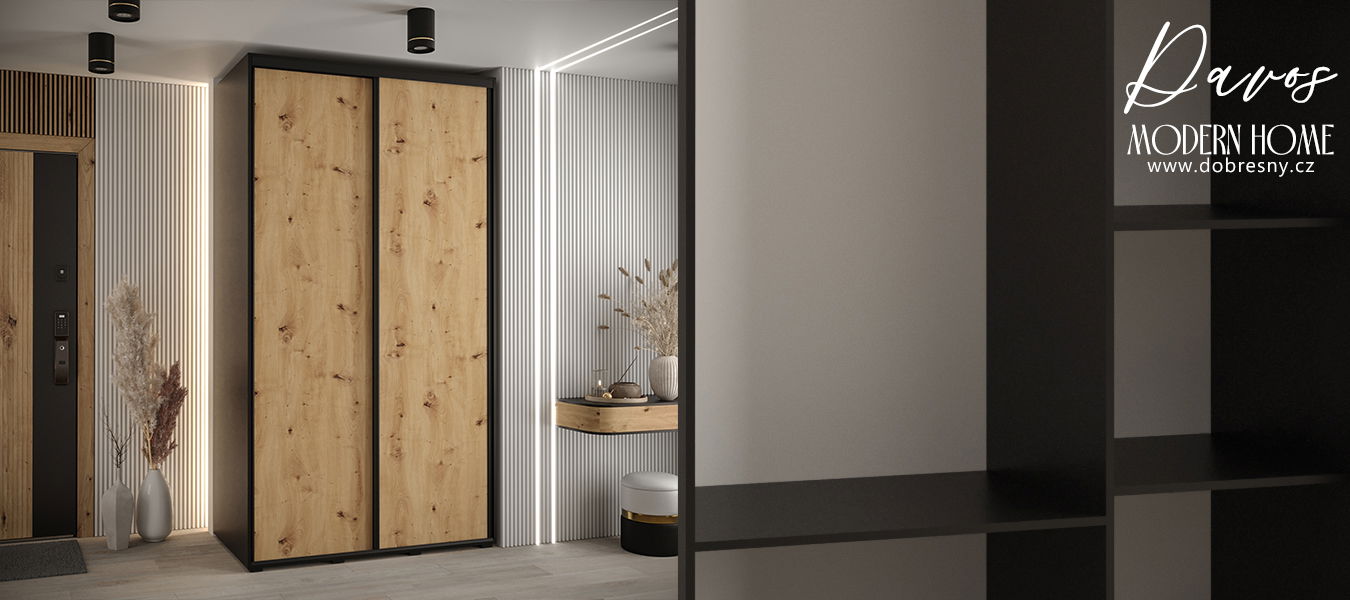 Šatníková skriňa s posuvnými dverami DAVOS 140cm | Čierna / DUB Artisan / čierne pojazdy