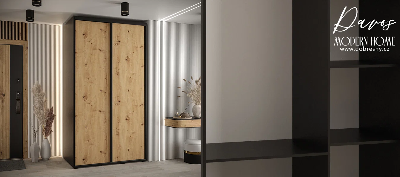 Šatní skříň s posuvnými dveřmi DAVOS 140cm | Černá / DUB Artisan / černé pojezdy