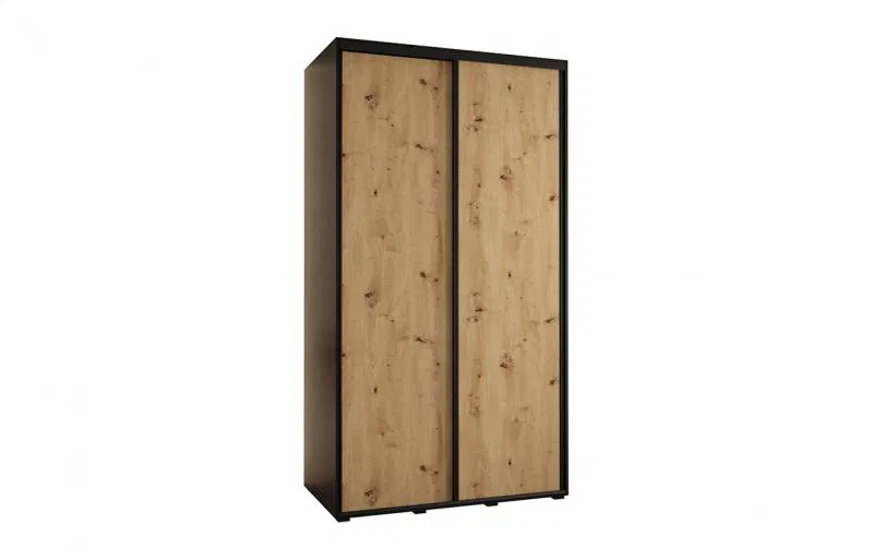 Šatní skříň s posuvnými dveřmi DAVOS 140cm | Černá / DUB Artisan / černé pojezdy