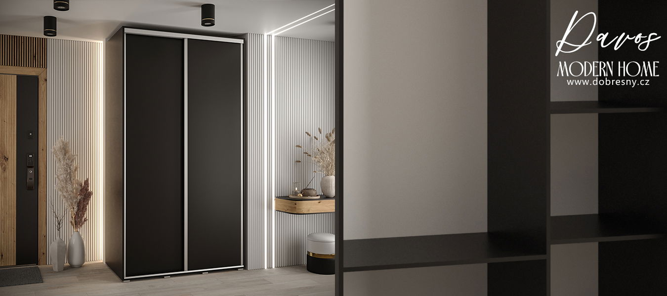 Šatníková skriňa s posuvnými dverami DAVOS 140cm | Čierna / strieborné pojazdy
