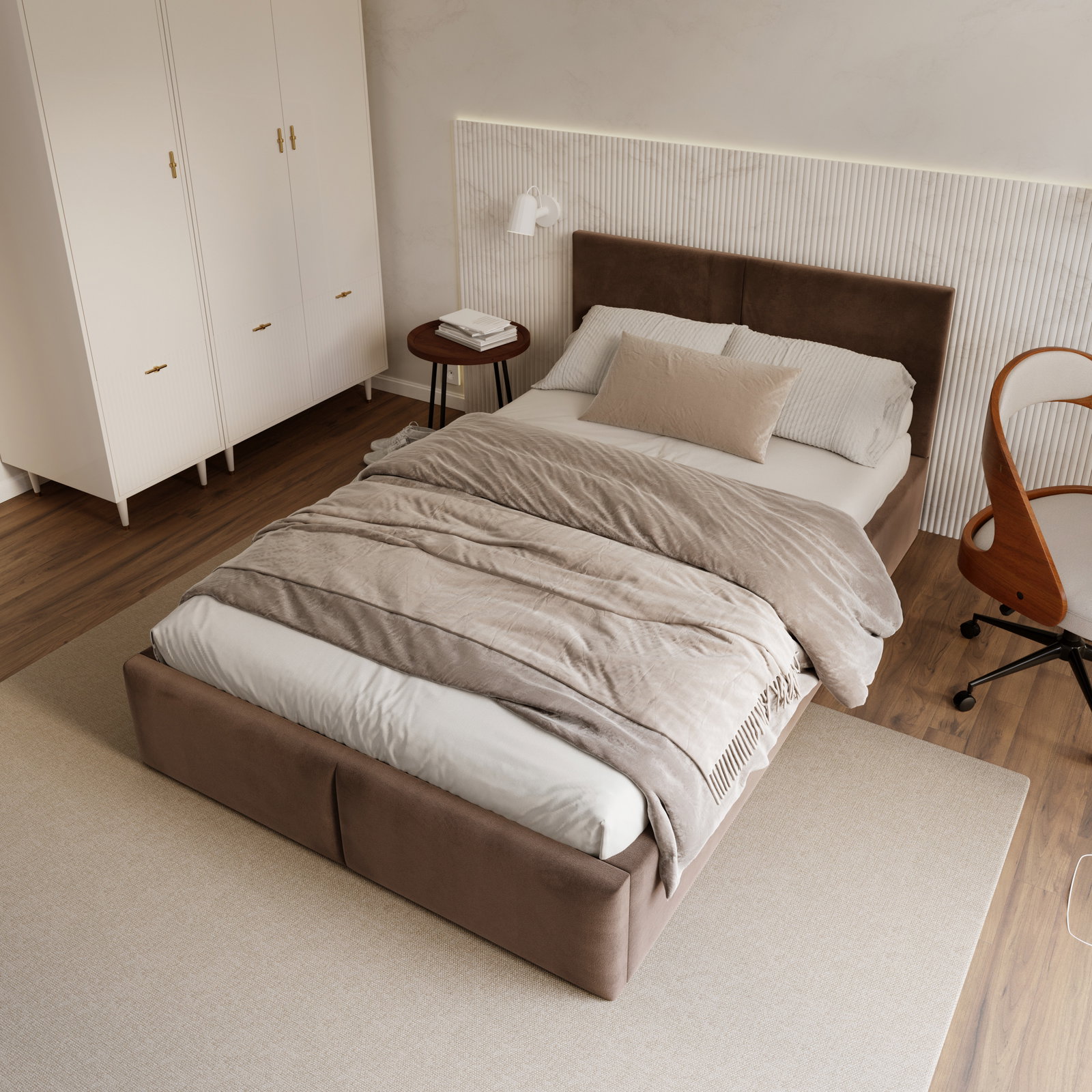 Čalúnená posteľ AMBER 90x200 Hnedá Trinity s úložným priestorom a dreveným roštom