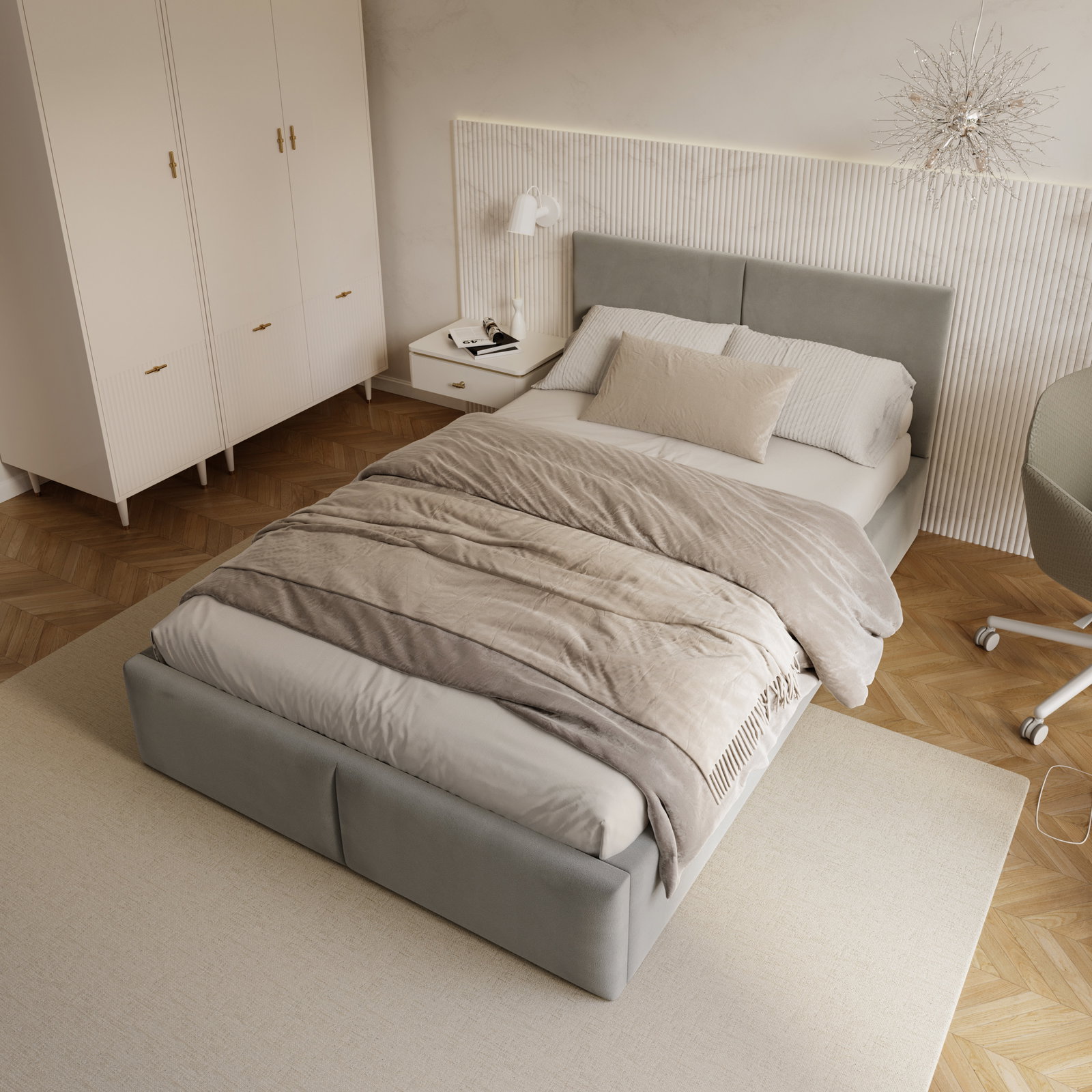 Čalúnená posteľ AMBER 120x200 Sivá Trinity s úložným priestorom a dreveným roštom