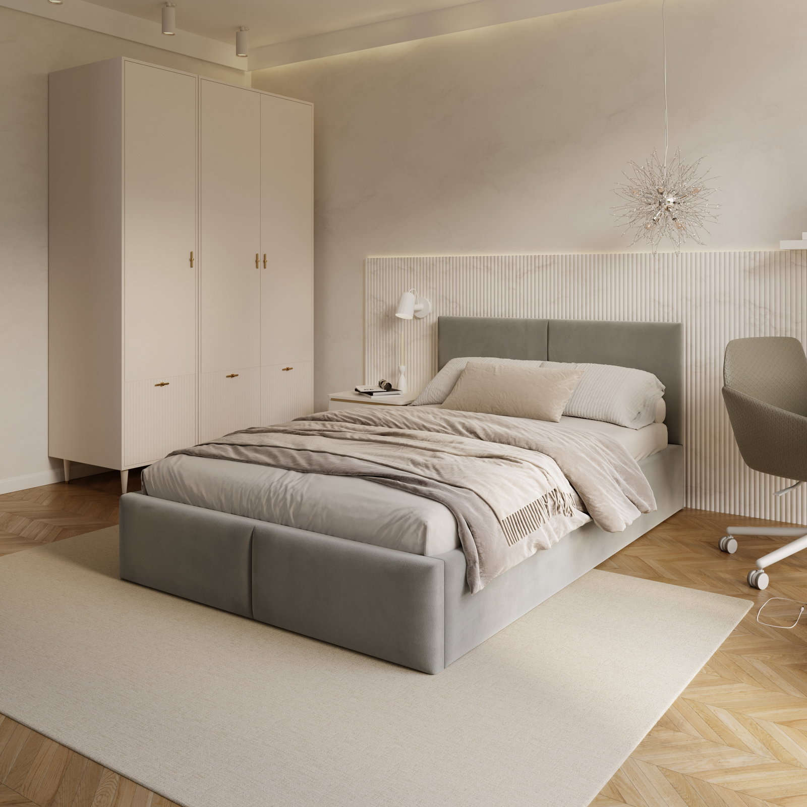 Čalúnená posteľ AMBER 120x200 Sivá Trinity s úložným priestorom a dreveným roštom