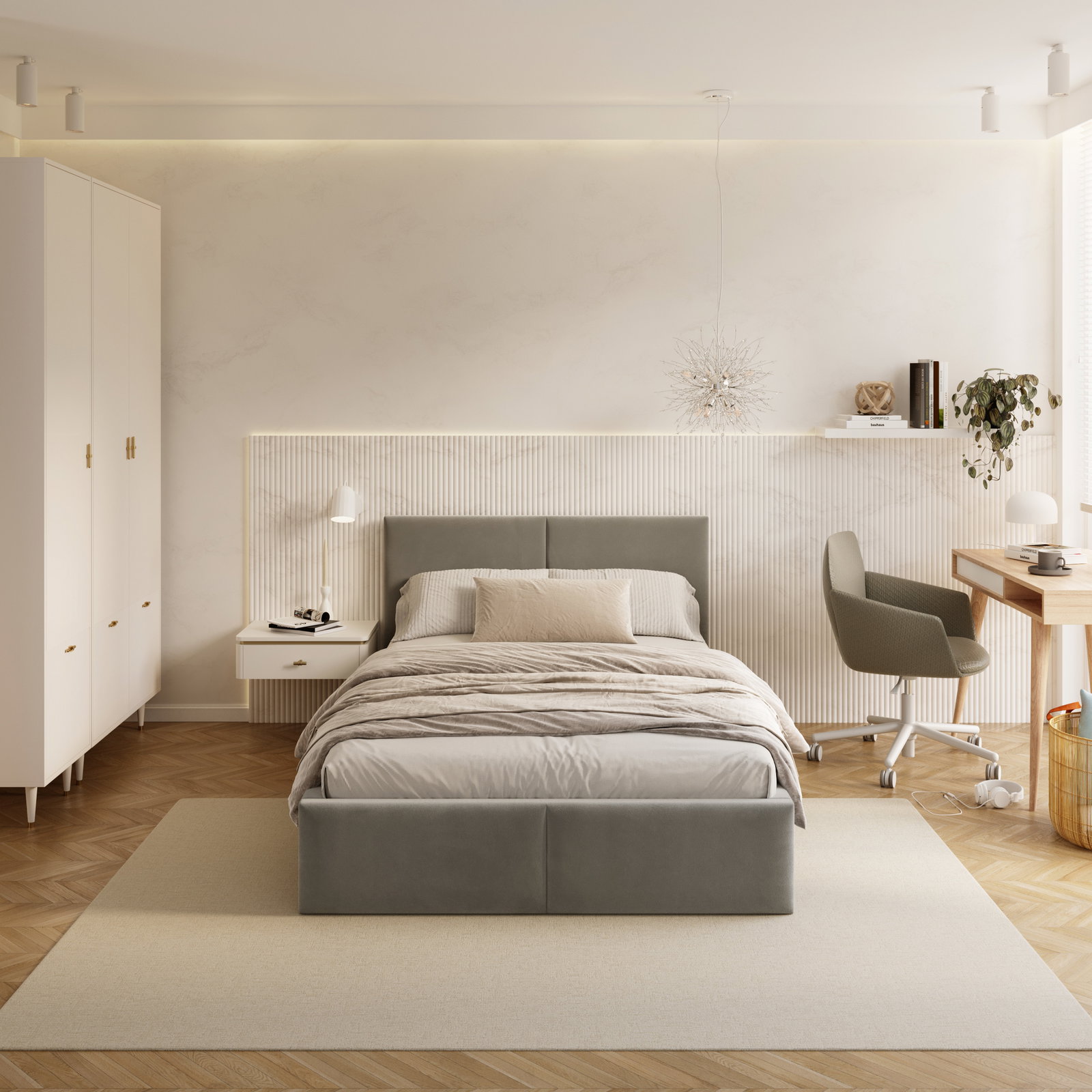 Čalúnená posteľ AMBER 90x200 Sivá Trinity s úložným priestorom a dreveným roštom