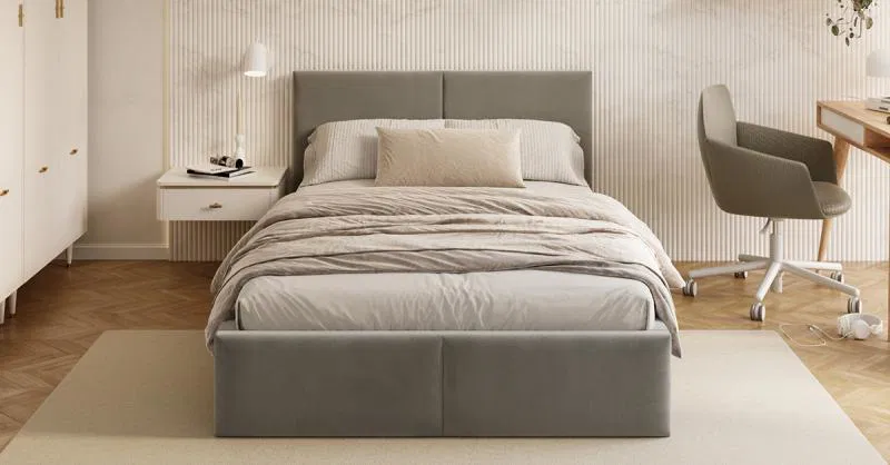 Čalouněná postel AMBER 90x200 Šedá Trinity s úložným prostorem dřevěný rošt