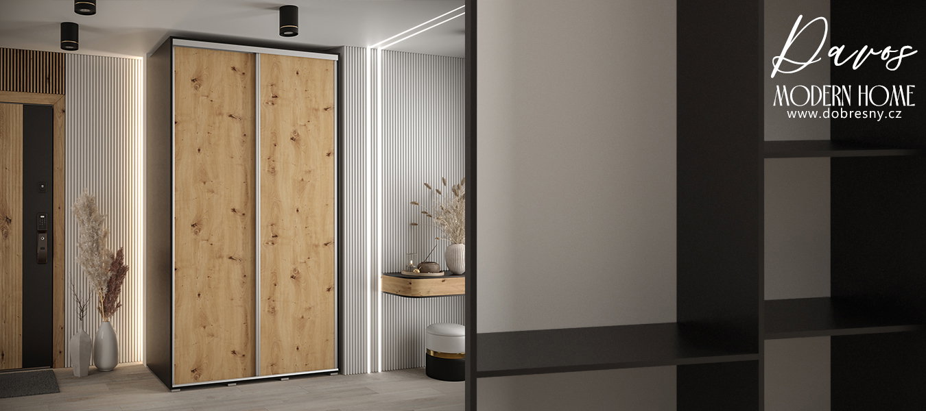 Šatníková skriňa s posuvnými dverami DAVOS 140cm | Čierna / DUB Artisan / strieborné