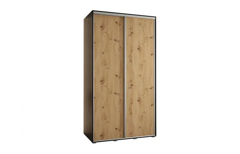 Šatní skříň s posuvnými dveřmi DAVOS 140cm | Černá / DUB Artisan / stříbrné