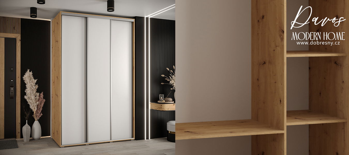 Šatníková skriňa s posuvnými dverami DAVOS 150cm | DUB Artisan / biela / strieborné