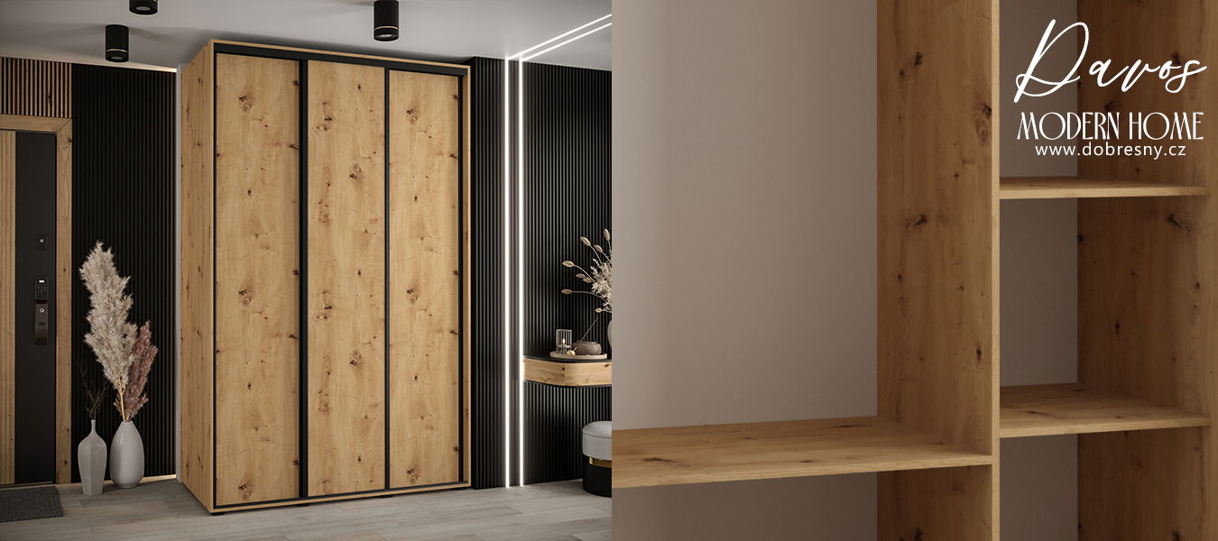 Šatníková skriňa s posuvnými dverami DAVOS 150cm | DUB Artisan / čierne pojazdy