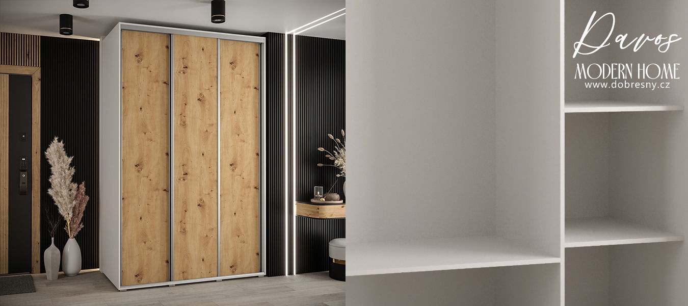 Šatníková skriňa s posuvnými dverami DAVOS 150cm | Biela / DUB Artisan / strieborné