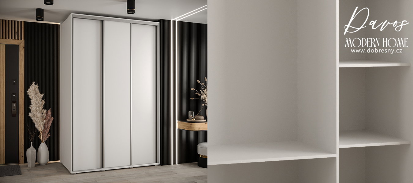 Šatníková skriňa s posuvnými dverami DAVOS 150cm | Biela / strieborné pojazdy
