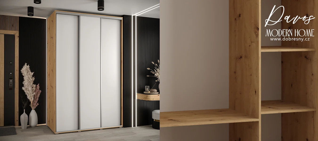 Šatní skříň s posuvnými dveřmi DAVOS 160cm | DUB Artisan / bílá / stříbrné
