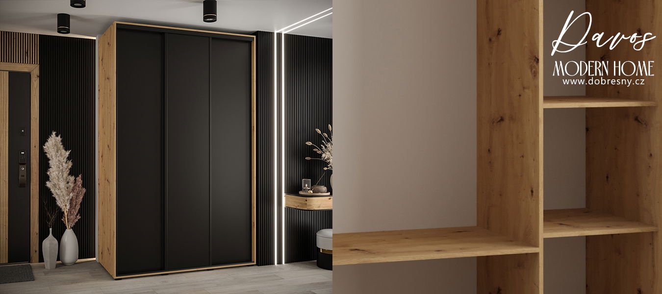 Šatníková skriňa s posuvnými dverami DAVOS 160cm | DUB Artisan / čierna / čierne pojazdy