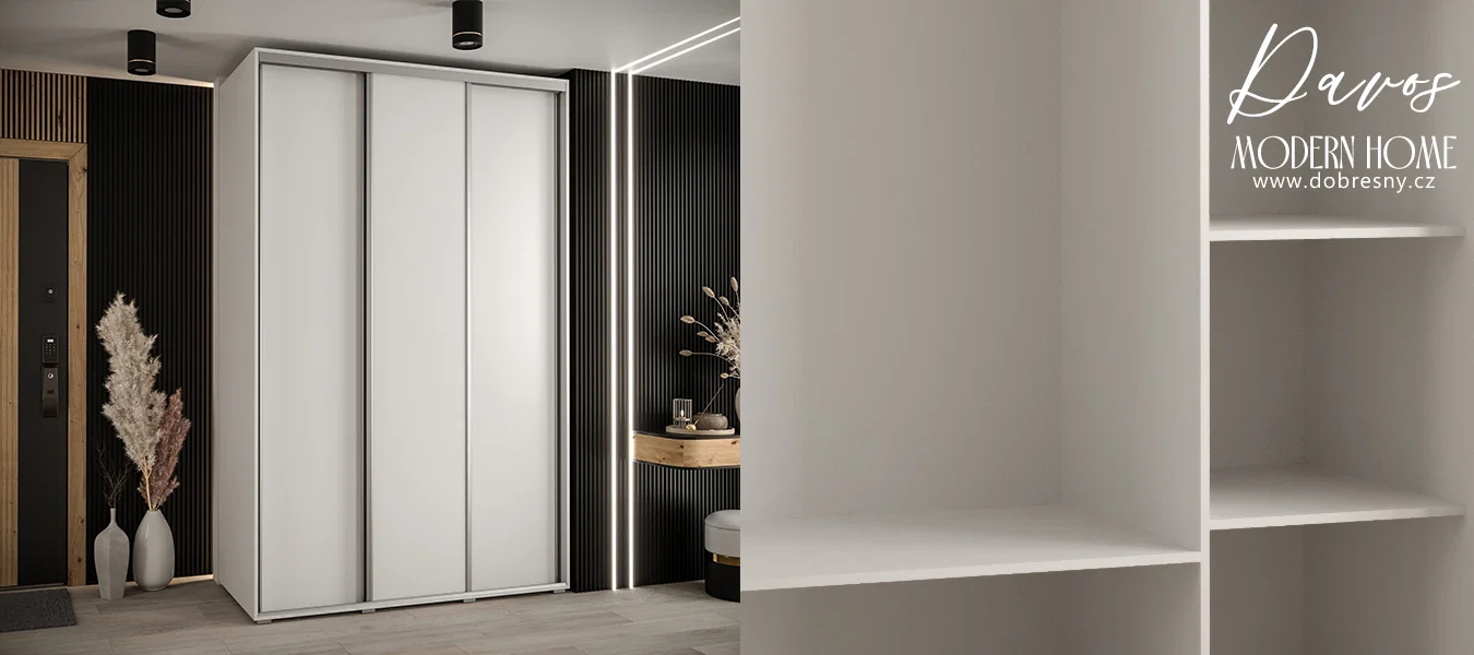 Šatní skříň s posuvnými dveřmi DAVOS 160cm | Bílá / stříbrné pojezdy