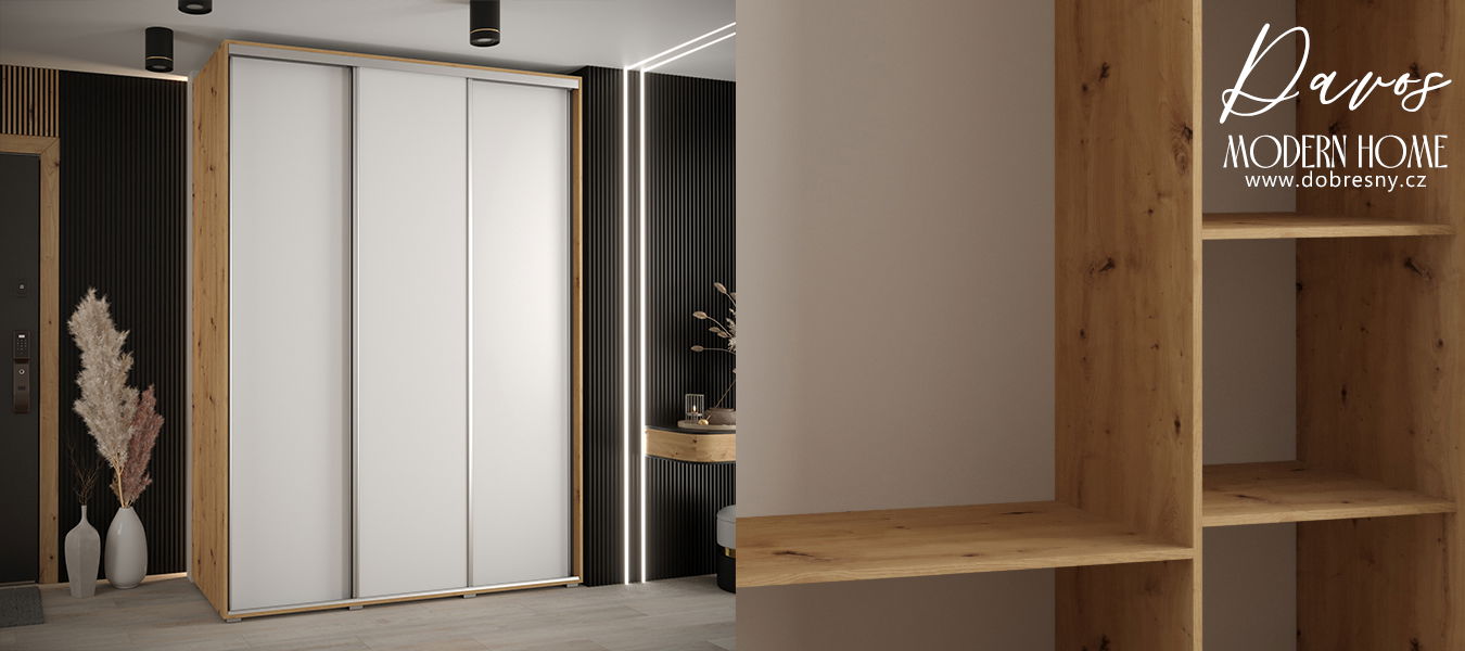 Šatníková skriňa s posuvnými dverami DAVOS 170cm | DUB Artisan / biela / strieborné