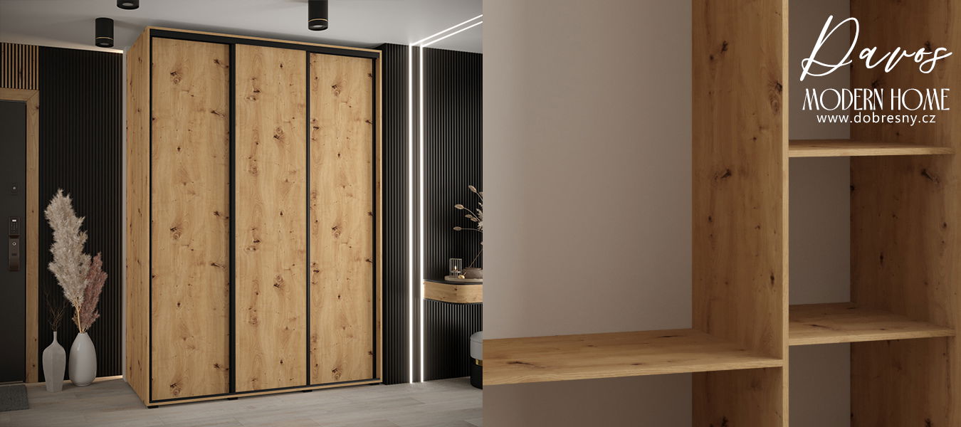 Šatníková skriňa s posuvnými dverami DAVOS 170cm | DUB Artisan / čierne pojazdy