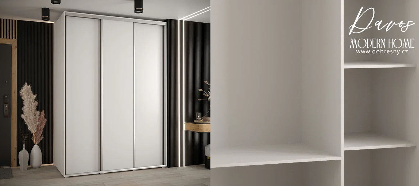 Šatní skříň s posuvnými dveřmi DAVOS 170cm | Bílá / stříbrné pojezdy