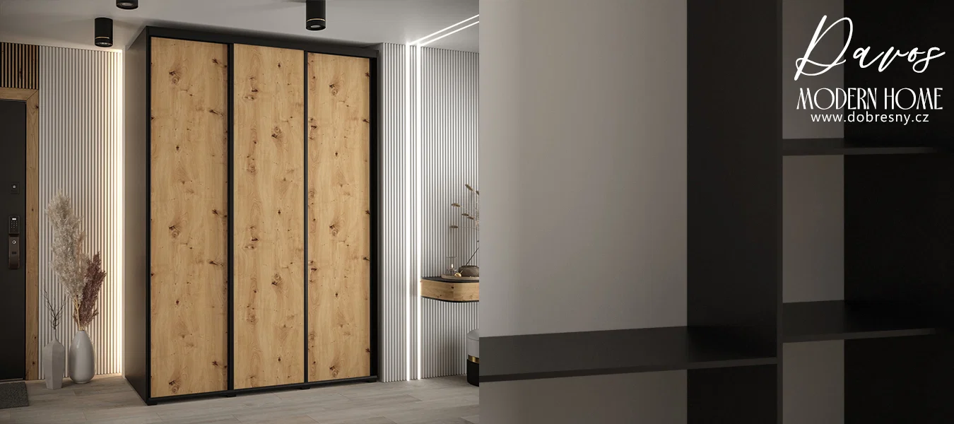 Šatní skříň s posuvnými dveřmi DAVOS 170cm | Černá / DUB Artisan / černé pojezdy