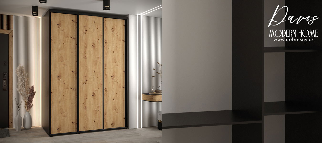 Šatníková skriňa s posuvnými dverami DAVOS 180cm | Čierna / DUB Artisan / čierne pojazdy