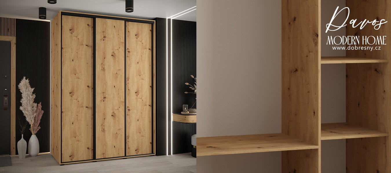 Šatníková skriňa s posuvnými dverami DAVOS 180cm | DUB Artisan / čierne pojazdy