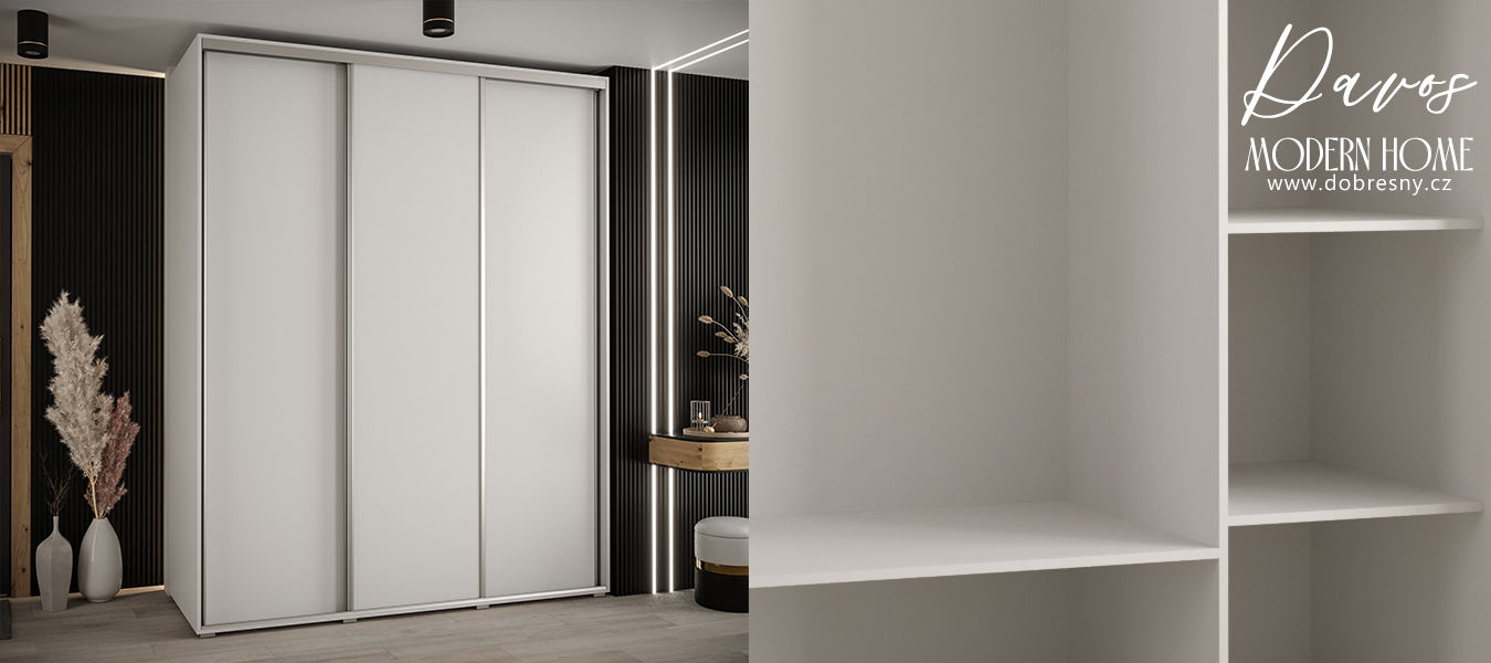 Šatníková skriňa s posuvnými dverami DAVOS 190cm | Biela / strieborné pojazdy