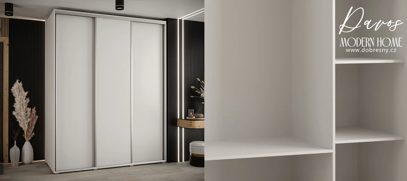 Šatní skříň s posuvnými dveřmi DAVOS 190cm | Bílá / stříbrné pojezdy