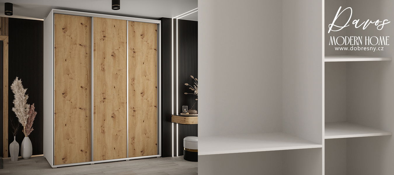 Šatníková skriňa s posuvnými dverami DAVOS 190cm | Biela / DUB Artisan / strieborné