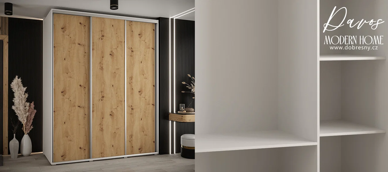 Šatní skříň s posuvnými dveřmi DAVOS 190cm | Bílá / DUB Artisan / stříbrné