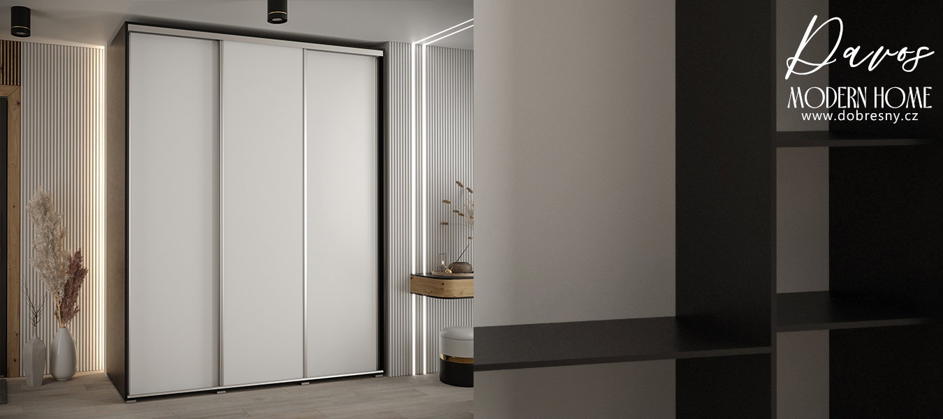 Šatníková skriňa s posuvnými dverami DAVOS 190cm | Čierna / biela / strieborné pojazdy