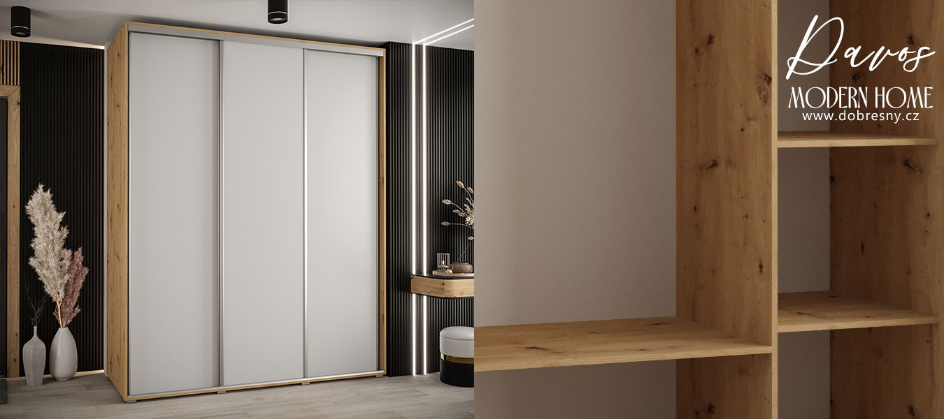 Šatníková skriňa s posuvnými dverami DAVOS 190cm | DUB Artisan / biela / strieborné