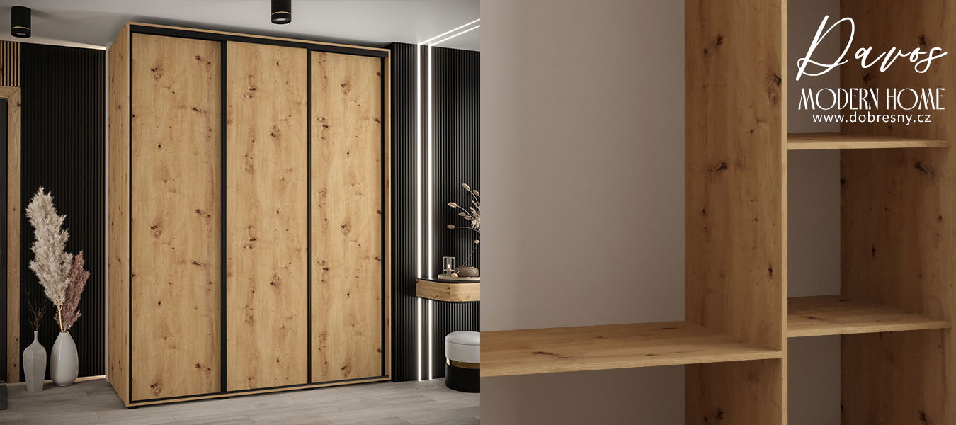 Šatníková skriňa s posuvnými dverami DAVOS 190cm | DUB Artisan / čierne pojazdy