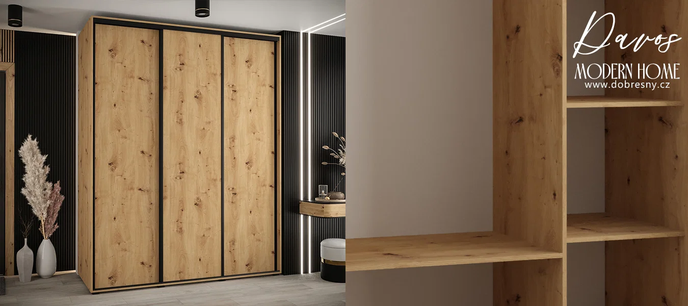 Šatní skříň s posuvnými dveřmi DAVOS 190cm | DUB Artisan / černé pojezdy