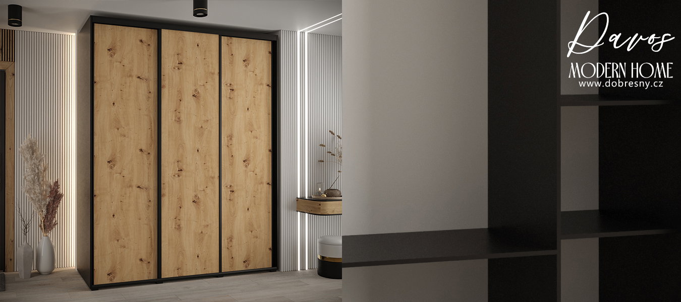 Šatníková skriňa s posuvnými dverami DAVOS 200cm | Čierna / DUB Artisan / čierne pojazdy