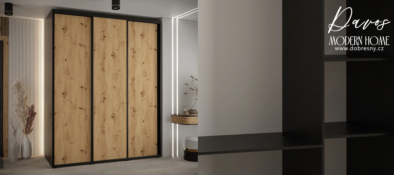 Šatní skříň s posuvnými dveřmi DAVOS 200cm | Černá / DUB Artisan / černé pojezdy