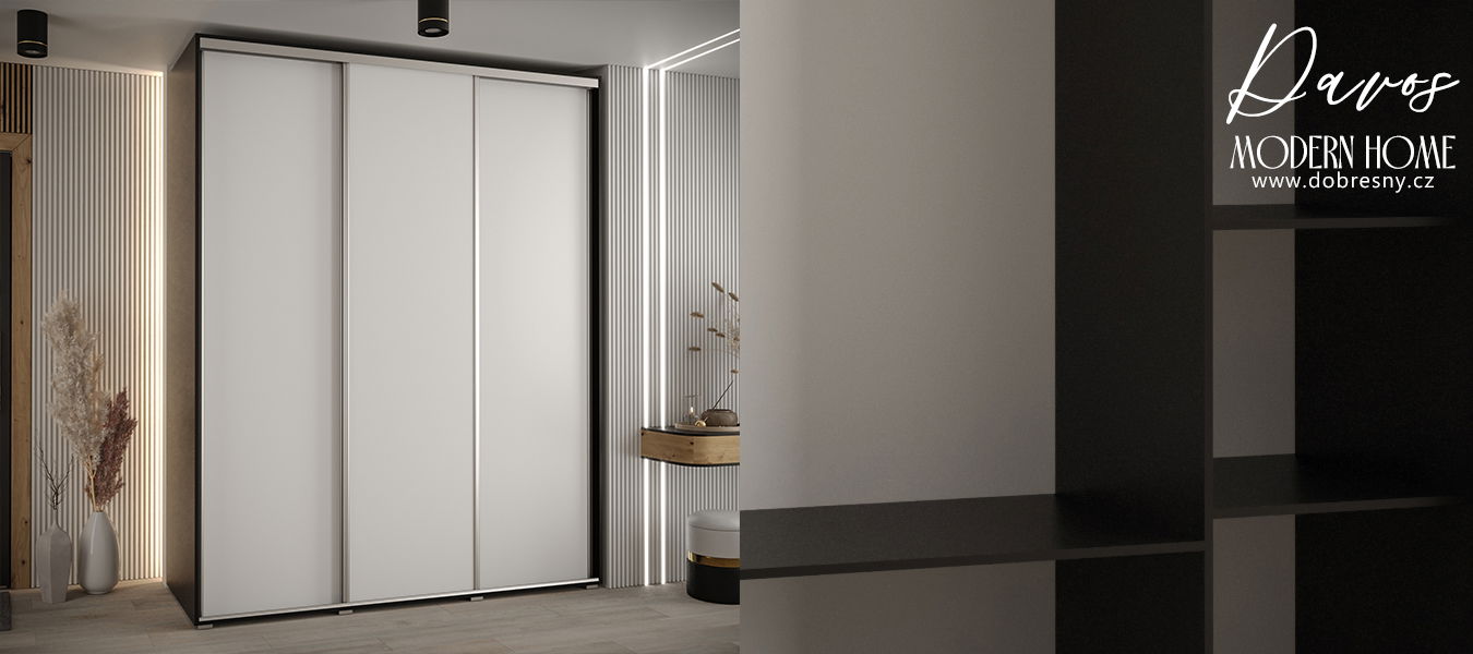 Šatníková skriňa s posuvnými dverami DAVOS 200cm | Čierna / biela / strieborné pojazdy