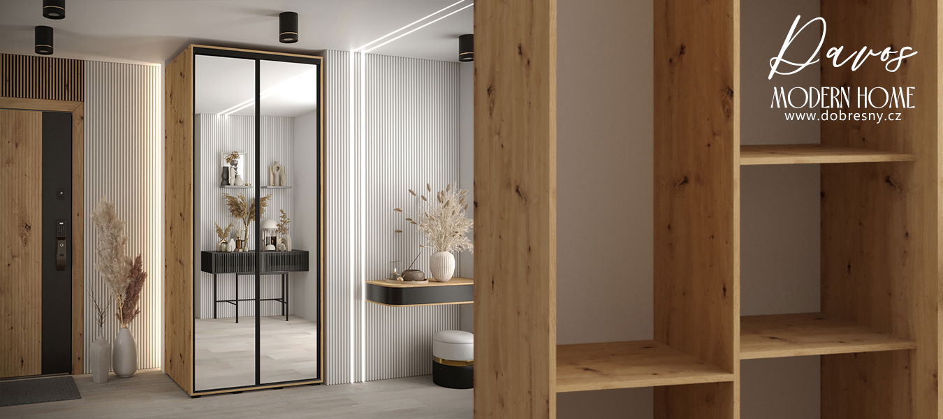 Šatníková skriňa s posuvnými zrkadlovými dverami DAVOS 100cm | DUB Artisan / čierne pojazdy