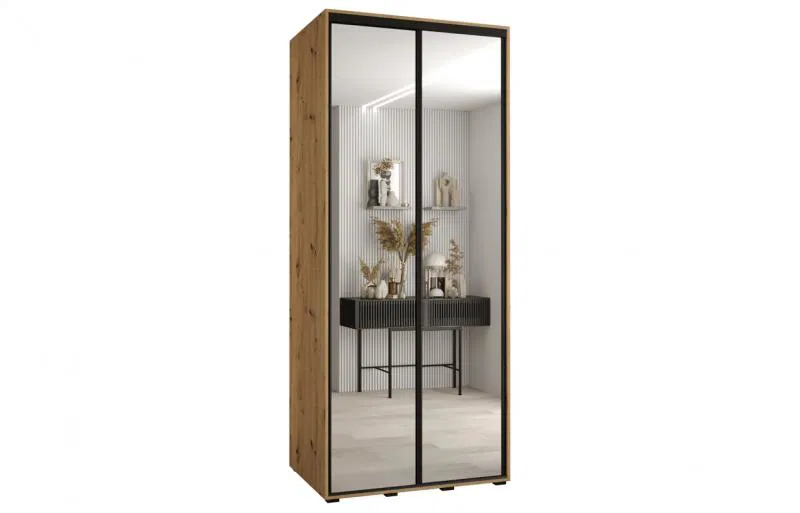 Šatní skříň s posuvnými zrcadlovými dveřmi DAVOS 100cm | DUB Artisan / černé pojezdy