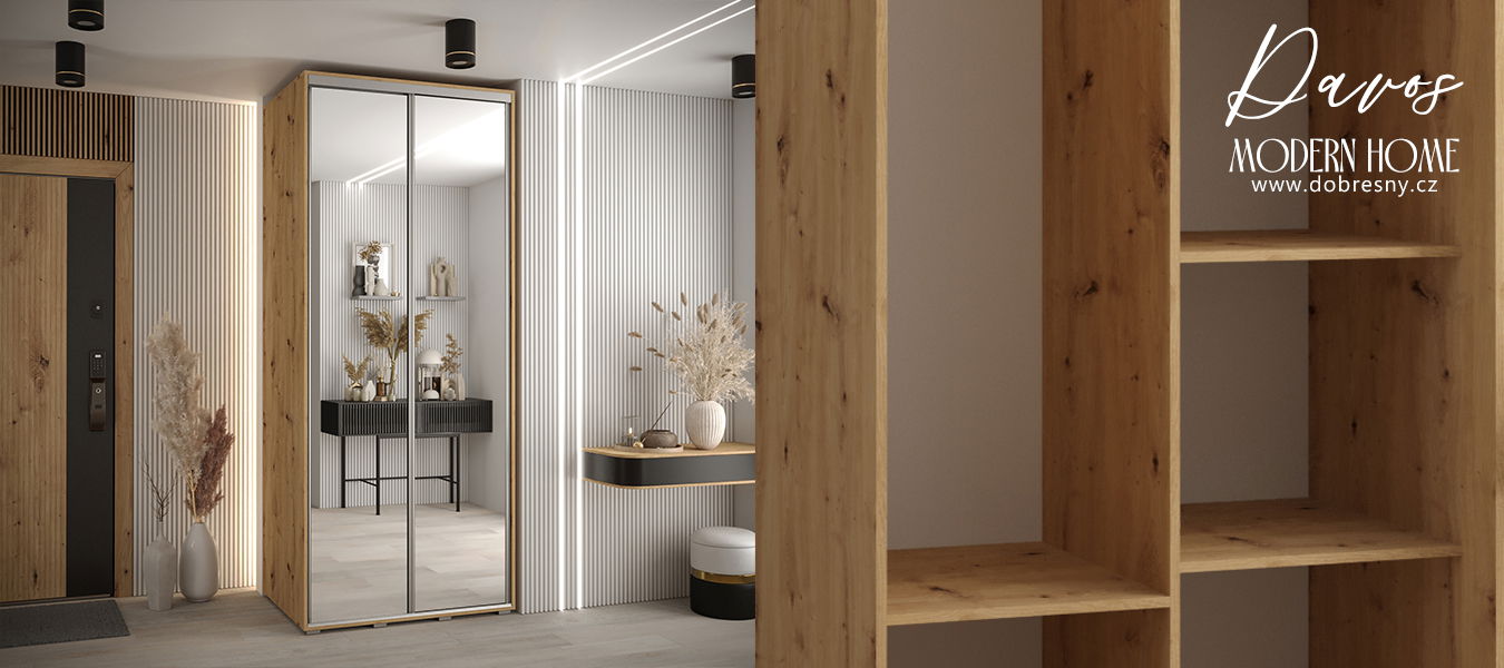 Šatníková skriňa s posuvnými zrkadlovými dverami DAVOS 100cm | DUB Artisan / strieborné pojazdy