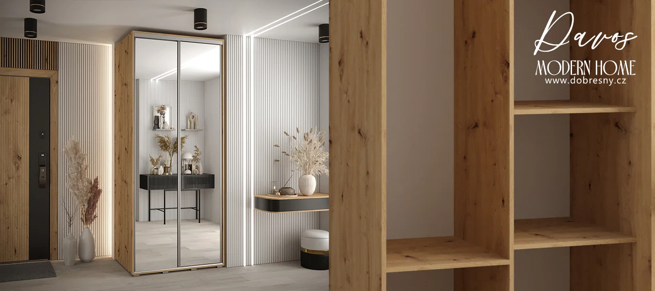 Šatní skříň s posuvnými zrcadlovými dveřmi DAVOS 100cm | DUB Artisan / stříbrné pojezdy