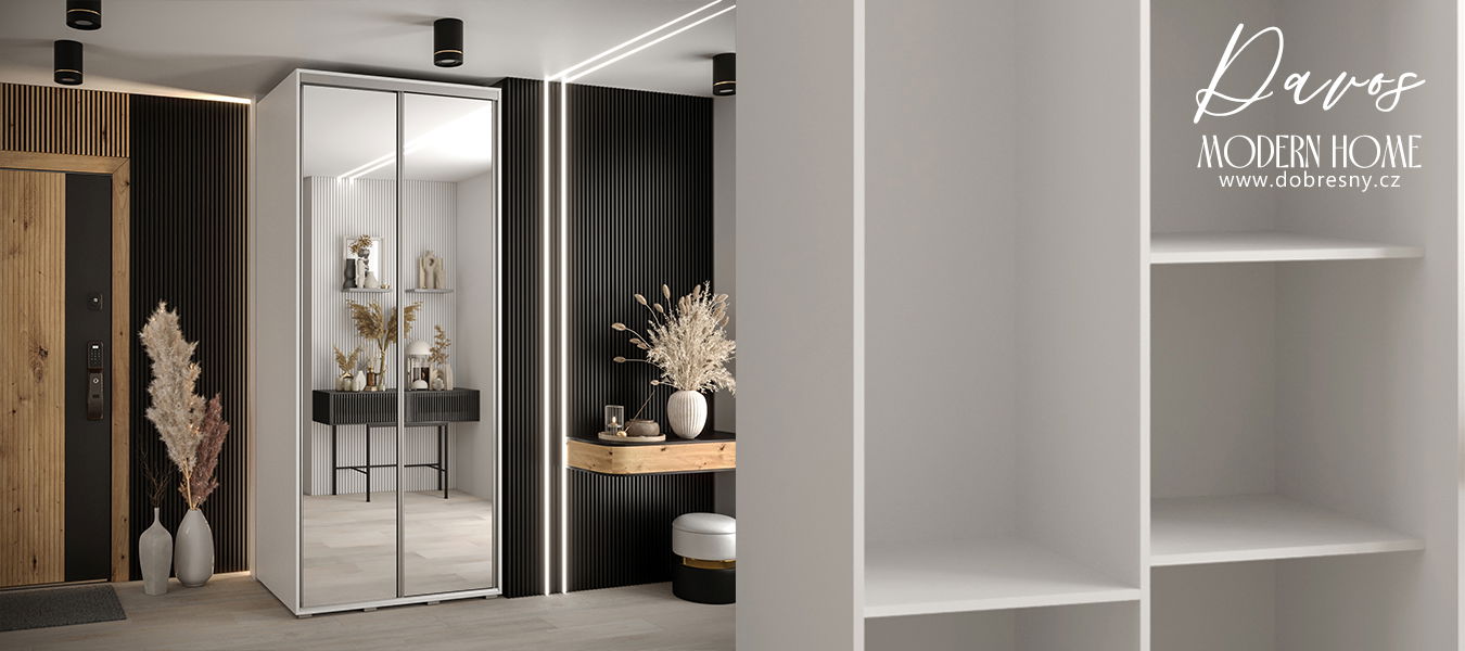 Šatníková skriňa s posuvnými zrkadlovými dverami DAVOS 100cm | Biela / strieborné pojazdy