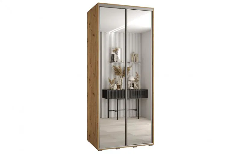Šatní skříň s posuvnými zrcadlovými dveřmi DAVOS 120cm | DUB Artisan / stříbrné pojezdy