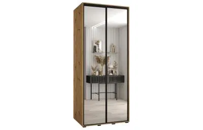 Šatní skříň s posuvnými zrcadlovými dveřmi DAVOS 120cm | DUB Artisan / černé pojezdy