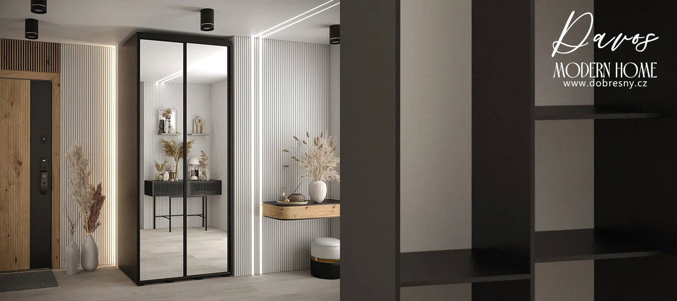 Šatní skříň s posuvnými zrcadlovými dveřmi DAVOS 120cm | Černá / černé pojezdy