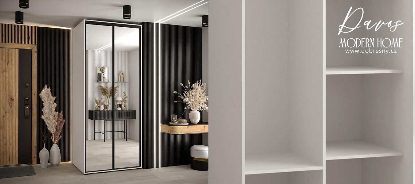 Šatníková skriňa s posuvnými zrkadlovými dverami DAVOS 120cm | Biela / čierne pojazdy