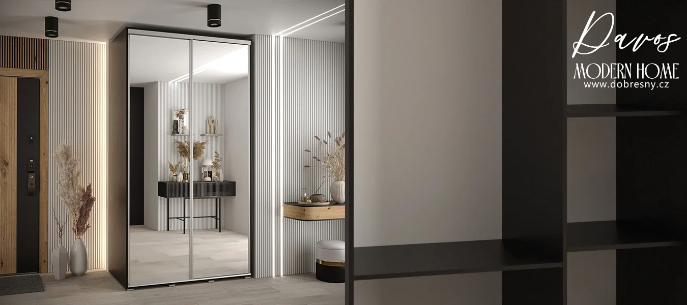 Šatní skříň s posuvnými zrcadlovými dveřmi DAVOS 140cm | Černá / stříbrné pojezdy