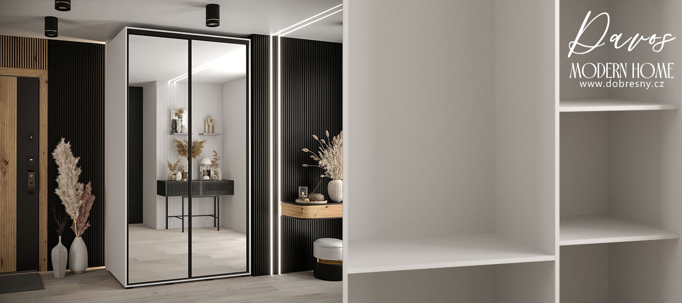Šatníková skriňa s posuvnými zrkadlovými dverami DAVOS 140cm | Biela / čierne pojazdy
