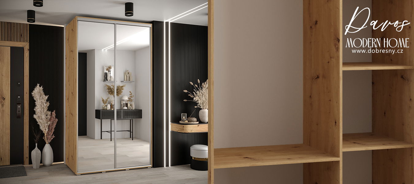 Šatníková skriňa s posuvnými zrkadlovými dverami DAVOS 140cm | DUB Artisan / strieborné pojazdy