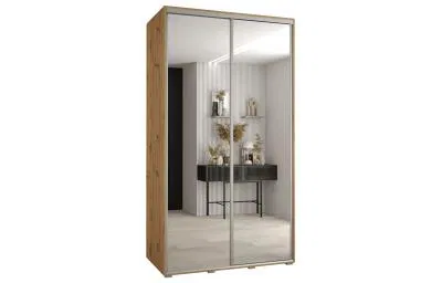 Šatní skříň s posuvnými zrcadlovými dveřmi DAVOS 140cm | DUB Artisan / stříbrné pojezdy