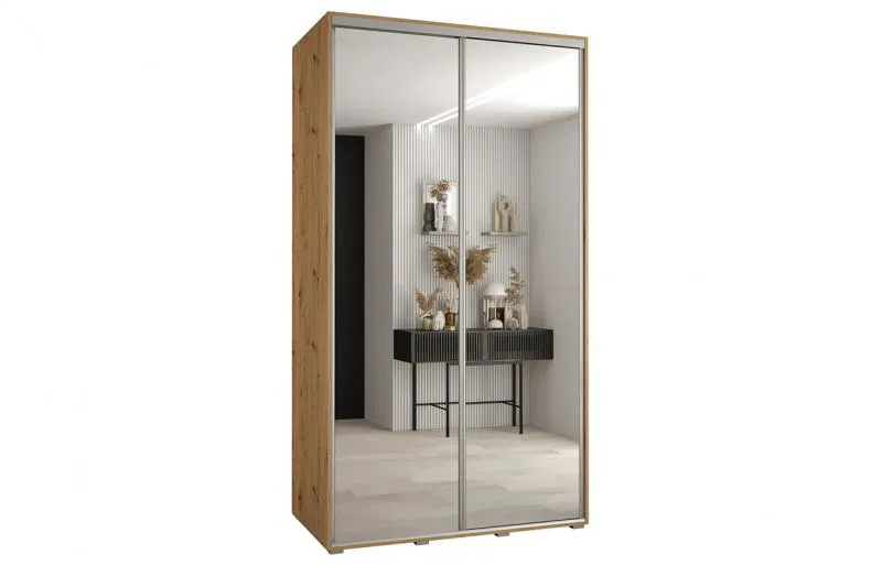 Šatní skříň s posuvnými zrcadlovými dveřmi DAVOS 140cm | DUB Artisan / stříbrné pojezdy
