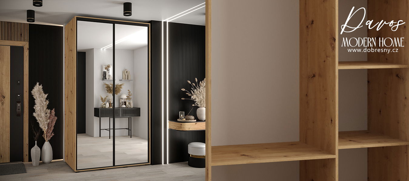 Šatníková skriňa s posuvnými zrkadlovými dverami DAVOS 140cm | DUB Artisan / čierne pojazdy